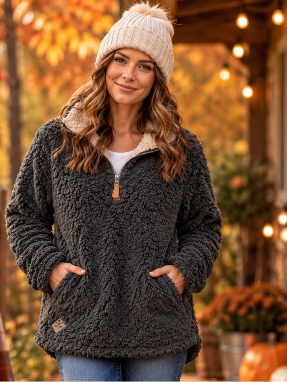 Simply Southern Charcoal Gray Sherpa Quarter Zip Pullover Womens Large
